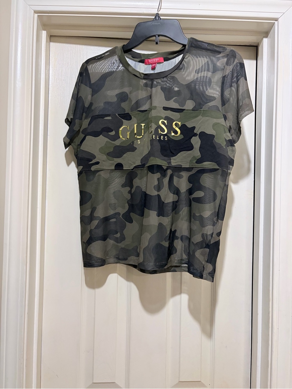 GUESS Olive and Black Camo Mesh Top with Red Logo Tag